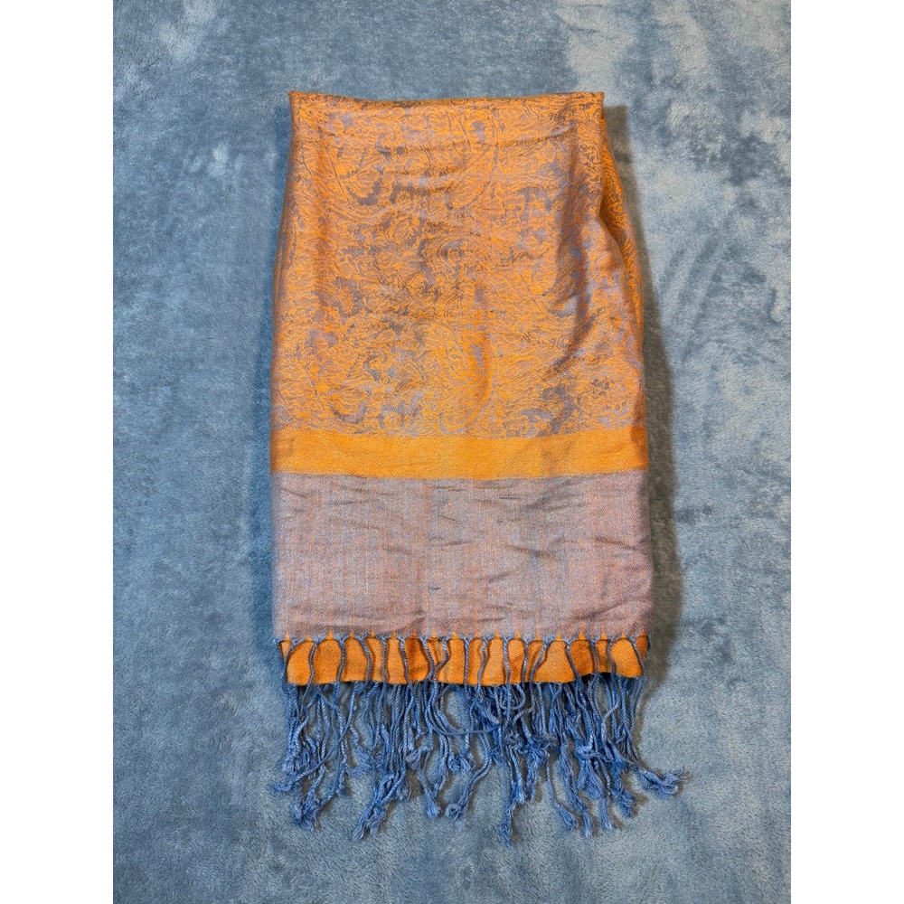 Pashmina Silk Paisley Scarf OS Orange Blue Fringed Wrap Shawl
